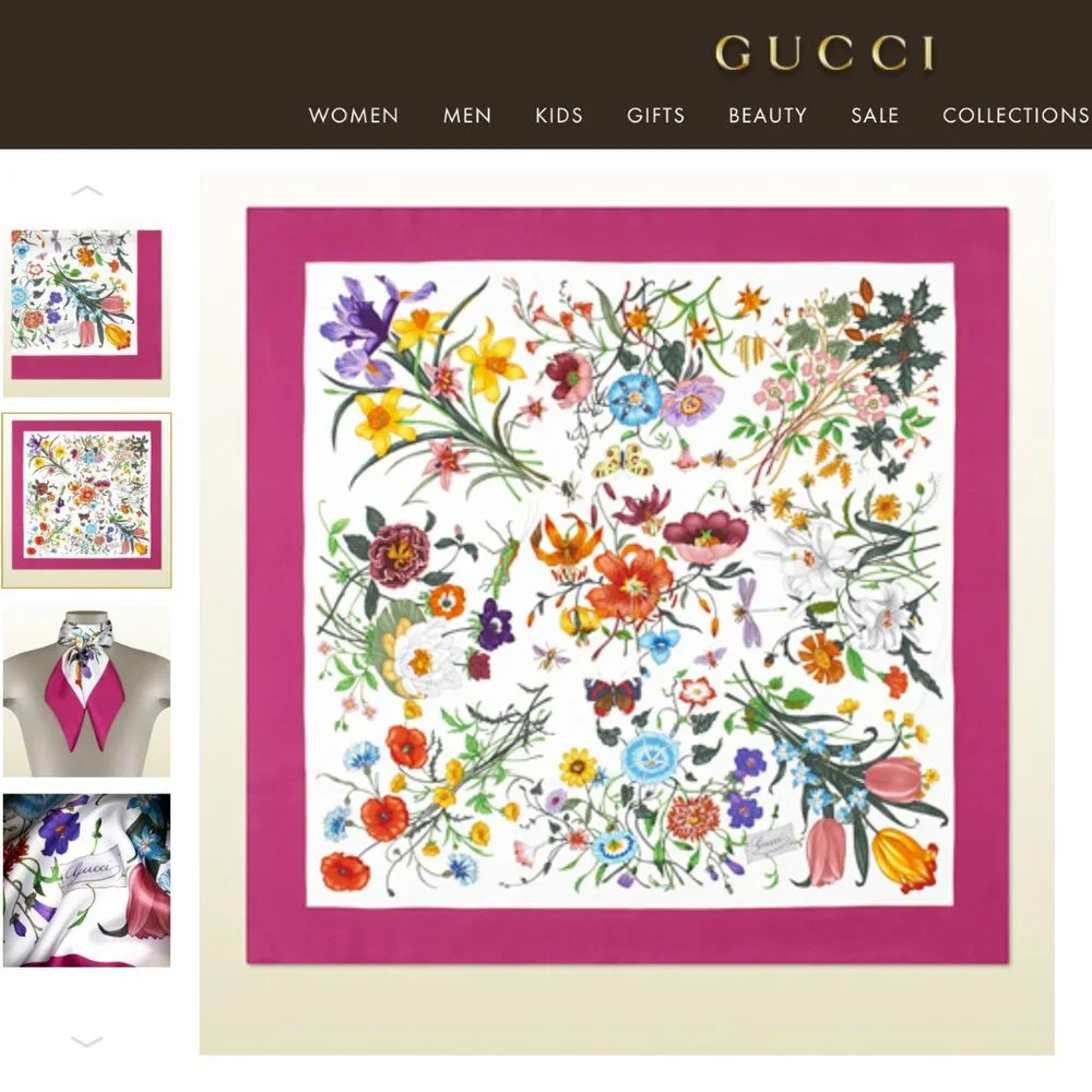 Gucci Silk Wrap Flora Print Logo White Multicolor Pink Border Scarf